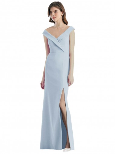 Bleu ciel clair Trapèze Épaule Dénudée Col V Crêpe Stretch Longue Robes demoiselle d'honneur Pas Chre