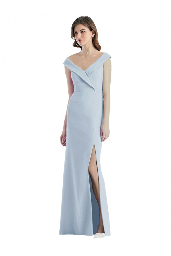Bleu ciel clair Trapèze Épaule Dénudée Col V Crêpe Stretch Longue Robes demoiselle d'honneur Pas Chère