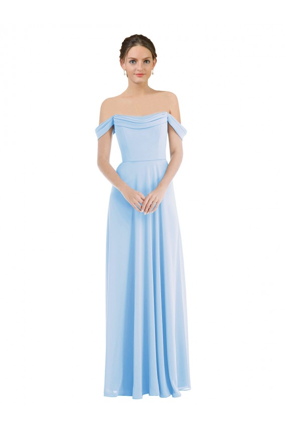 Bleu ciel clair Trapèze Épaule Dénudée Mousseline Longue Formelles Robes demoiselle d'honneur / Robes de soirée Pas Chère