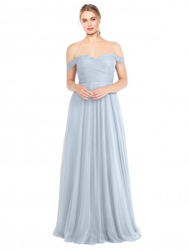 Bleu ciel clair Trapèze Épaule Dénudée Tulle Longue Robes demoiselle d'honneur Pas Chre