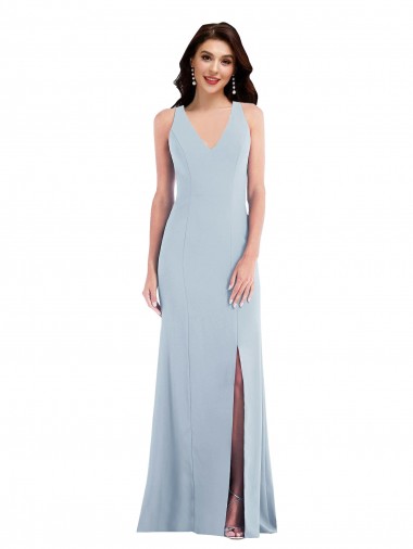 Bleu ciel clair Trompette Col V Crêpe Stretch Longue Robes demoiselle d'honneur / Robes de bal Pas Chre