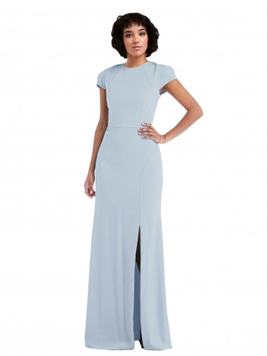 Bleu ciel clair Trompette Col bijou Crêpe Stretch Longue Robes demoiselle d'honneur Pas Chre