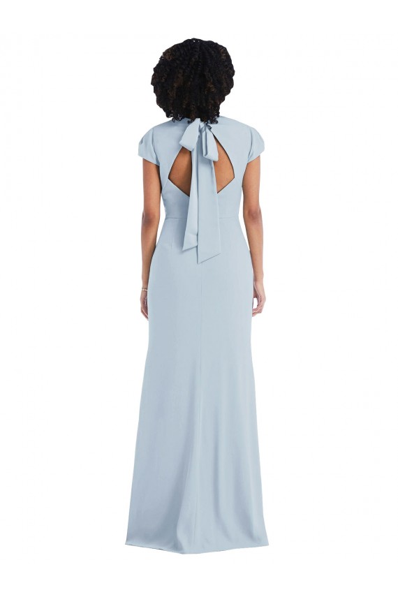 Bleu ciel clair Trompette Col bijou Crêpe Stretch Longue Robes demoiselle d'honneur Pas Chère