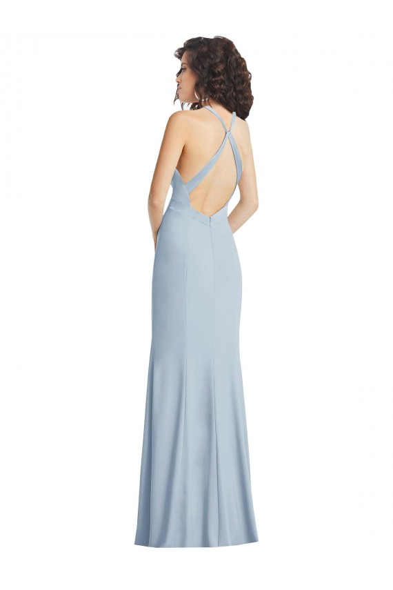 Bleu ciel clair Trompette Licou Col Haut Crêpe Stretch Longue Formelles Robes demoiselle d'honneur / Robes de soirée / Robes de bal Pas Chère