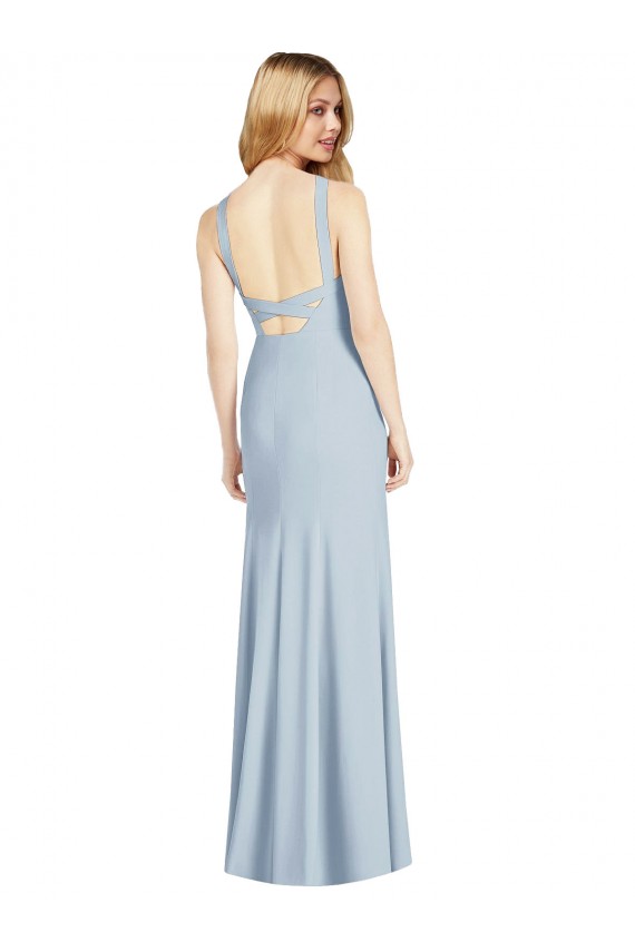 Bleu ciel clair Trompette Licou Col Haut Crêpe Stretch Longue Formelles Robes demoiselle d'honneur / Robes de soirée Pas Chère
