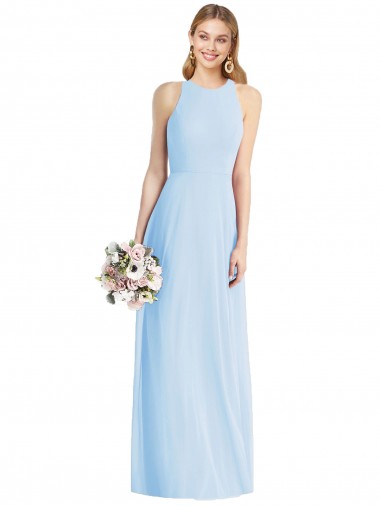 Bleu ciel clair Trompette Licou Mousseline Longue Robes demoiselle d'honneur Pas Chre