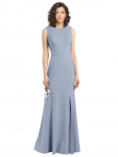 Bleu fumée Fourreau Col Bateau Col Haut Crêpe Stretch Longue Robes demoiselle d'honneur Pas Chre