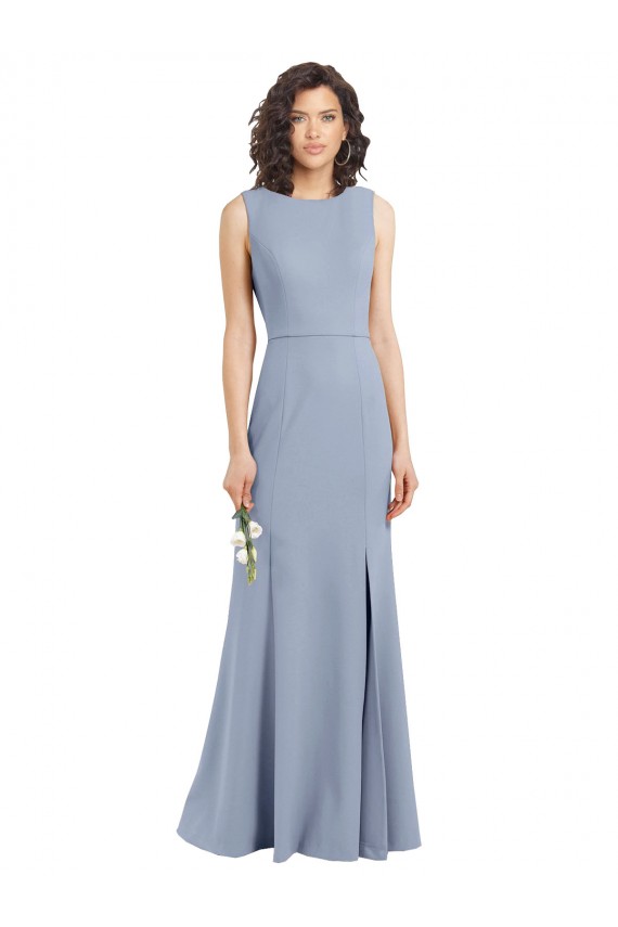 Bleu fumée Fourreau Col Bateau Col Haut Crêpe Stretch Longue Robes demoiselle d'honneur Pas Chère