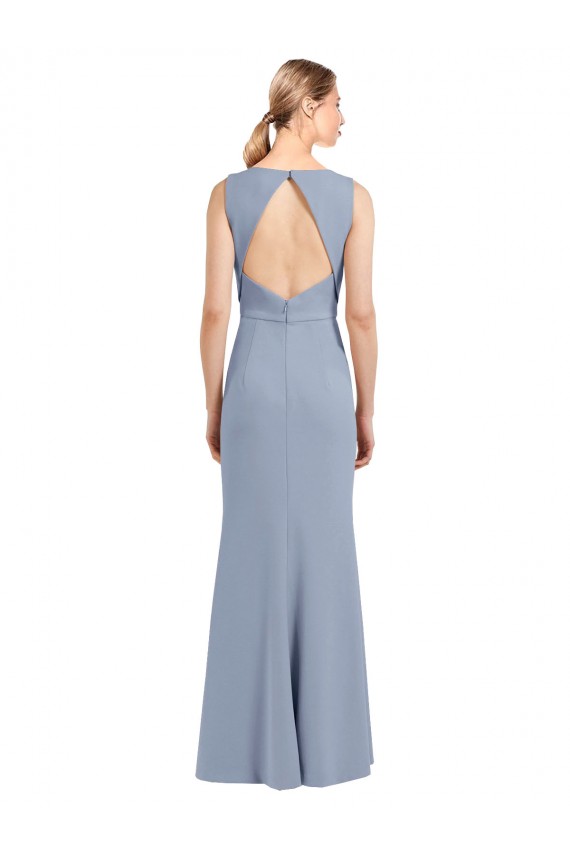 Bleu fumée Fourreau Col Bateau Col Haut Crêpe Stretch Longue Robes demoiselle d'honneur Pas Chère