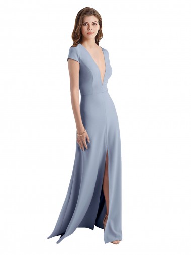 Bleu fumée Fourreau Col V Crêpe Stretch Longue Robes demoiselle d'honneur / Robes de bal Pas Chre