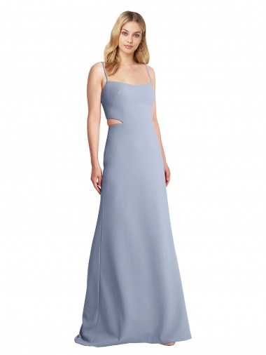 Bleu fumée Trapèze Bretelles spaghetti Scoop Crêpe Stretch Longue Robes demoiselle d'honneur / Robes de bal Pas Chre