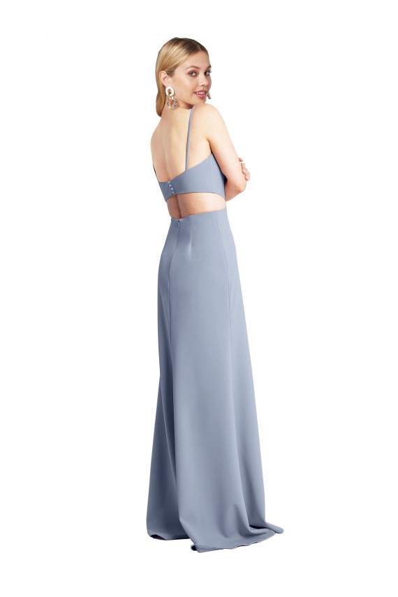 Bleu fumée Trapèze Bretelles spaghetti Scoop Crêpe Stretch Longue Robes demoiselle d'honneur / Robes de bal Pas Chère