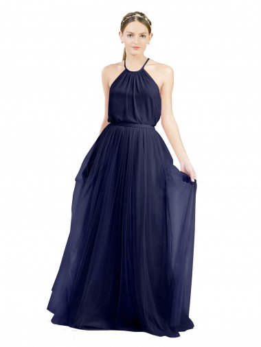 Bleu marine 21 Trapèze Licou Col Haut Tulle Longue Robes demoiselle d'honneur Pas Chre