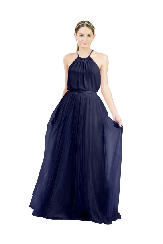 Bleu marine 21 Trapèze Licou Col Haut Tulle Longue Robes demoiselle d'honneur Pas Chère