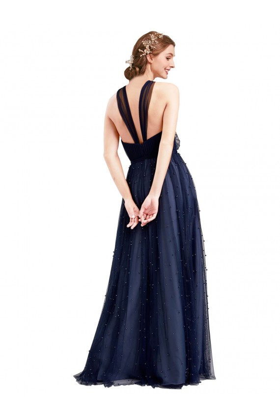 Bleu marine 21 Trapèze Licou Tulle Longue Robes demoiselle d'honneur Pas Chère