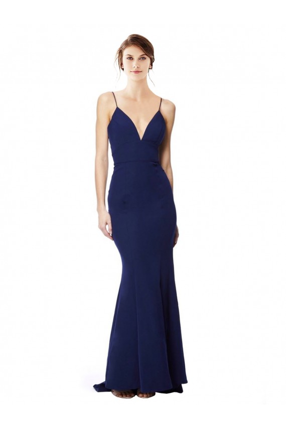 Bleu marine Sirène Bretelles spaghetti Col V Crêpe Stretch Longue Formelles Robes demoiselle d'honneur / Robes de soirée / Robes de bal Pas Chère