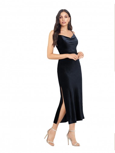 Bleu marine foncé Colonne midi Velours Stretch Courte Robes demoiselle d'honneur / Robes de soirée / Robes de cocktail Pas Chre