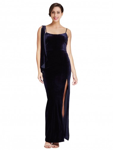 Bleu marine foncé Fourreau Bretelles spaghetti Col Carré Velours Stretch Longue Formelles Robes demoiselle d'honneur / Robes de soirée / Robes de bal Pas Chre