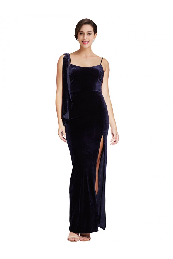 Bleu marine foncé Fourreau Bretelles spaghetti Col Carré Velours Stretch Longue Formelles Robes demoiselle d'honneur / Robes de soirée / Robes de bal Pas Chère