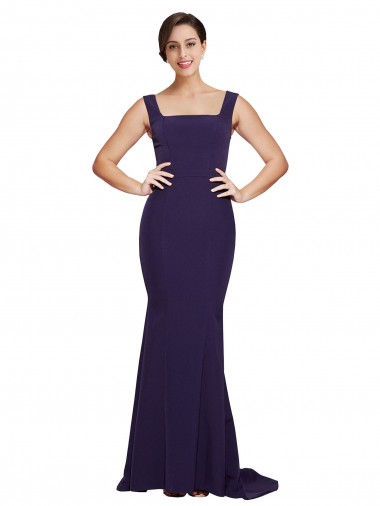 Bleu marine foncé Fourreau Col Carré Balayage train Crêpe Stretch Longue Robes demoiselle d'honneur / Robes de bal Pas Chre