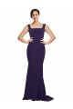 Bleu marine foncé Fourreau Col Carré Balayage train Crêpe Stretch Longue Robes demoiselle d'honneur / Robes de bal Pas Chère