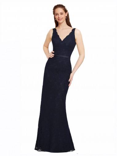 Bleu marine foncé Fourreau Col V Dentelle Longue Robes demoiselle d'honneur Pas Chre