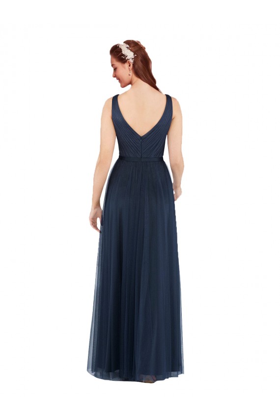 Bleu marine foncé Fourreau Col V Tulle Longue Robes demoiselle d'honneur Pas Chère