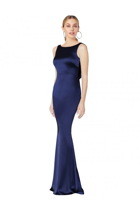 Bleu marine foncé Fourreau Licou Col Haut Satiné Stretch Longue Formelles Robes demoiselle d'honneur / Robes de soirée / Robes de bal Pas Chère