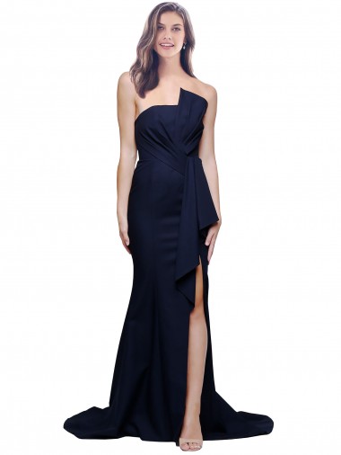 Bleu marine foncé Fourreau Sans bretelle Balayage train Crêpe Stretch Longue Robes demoiselle d'honneur / Robes de bal Pas Chre