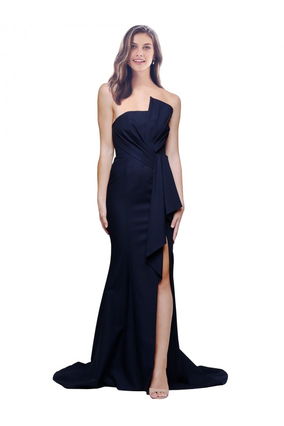 Bleu marine foncé Fourreau Sans bretelle Balayage train Crêpe Stretch Longue Robes demoiselle d'honneur / Robes de bal Pas Chère