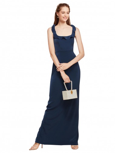 Bleu marine foncé Fourreau Scoop Crêpe Stretch Longue Formelles Robes demoiselle d'honneur / Robes de soirée / Robes de bal Pas Chre