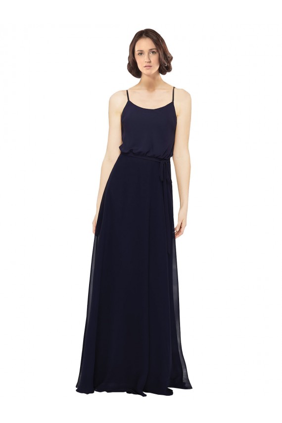 Bleu marine foncé Fourreau Scoop Mousseline Longue Robes demoiselle d'honneur Pas Chère