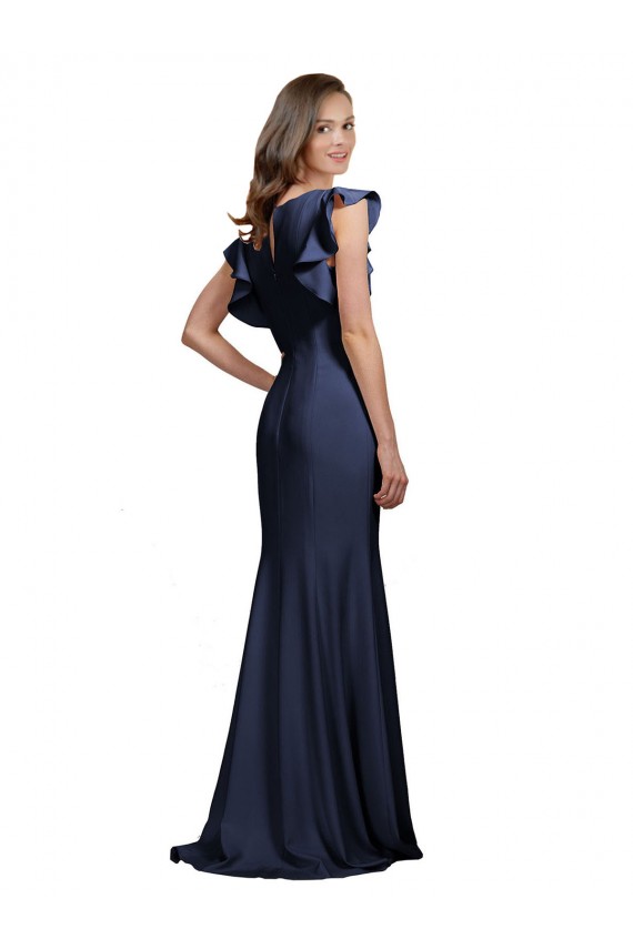Bleu marine foncé Sirène Bateau Crêpe Stretch Longue Robes demoiselle d'honneur / Robes de bal Pas Chère