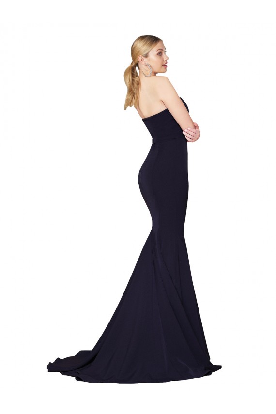 Bleu marine foncé Sirène Col Haut Balayage train Crêpe Stretch Longue Formelles Robes demoiselle d'honneur / Robes de soirée / Robes de bal Pas Chère