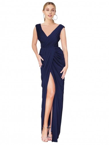 Bleu marine foncé Sirène Col V Mousseline Longue Formelles Robes demoiselle d'honneur / Robes de soirée / Robes de bal Pas Chre