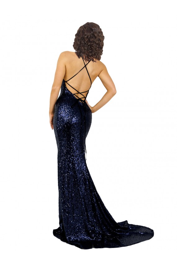 Bleu marine foncé Sirène Col V Paillette Longue Formelles Robes demoiselle d'honneur / Robes de soirée / Robes de bal Pas Chère