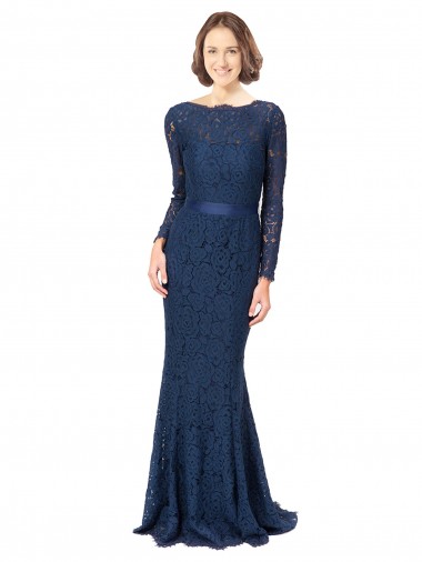 Bleu marine foncé Sirène Col bijou Balayage train Dentelle Longue Robes demoiselle d'honneur Pas Chre
