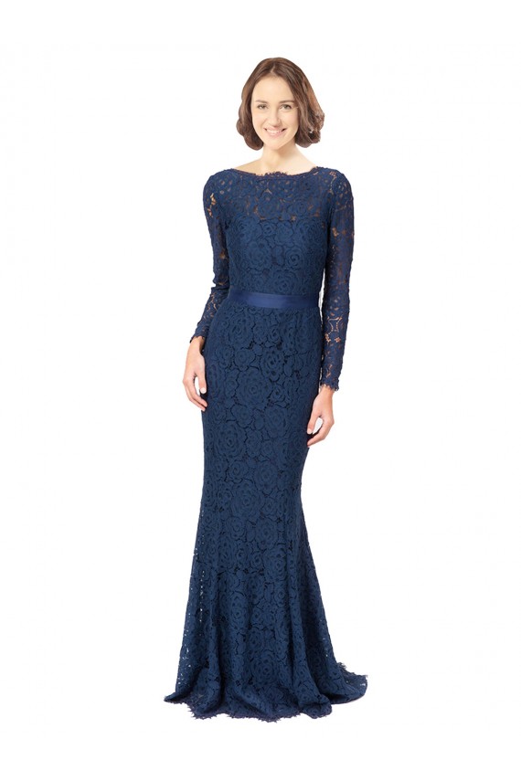 Bleu marine foncé Sirène Col bijou Balayage train Dentelle Longue Robes demoiselle d'honneur Pas Chère