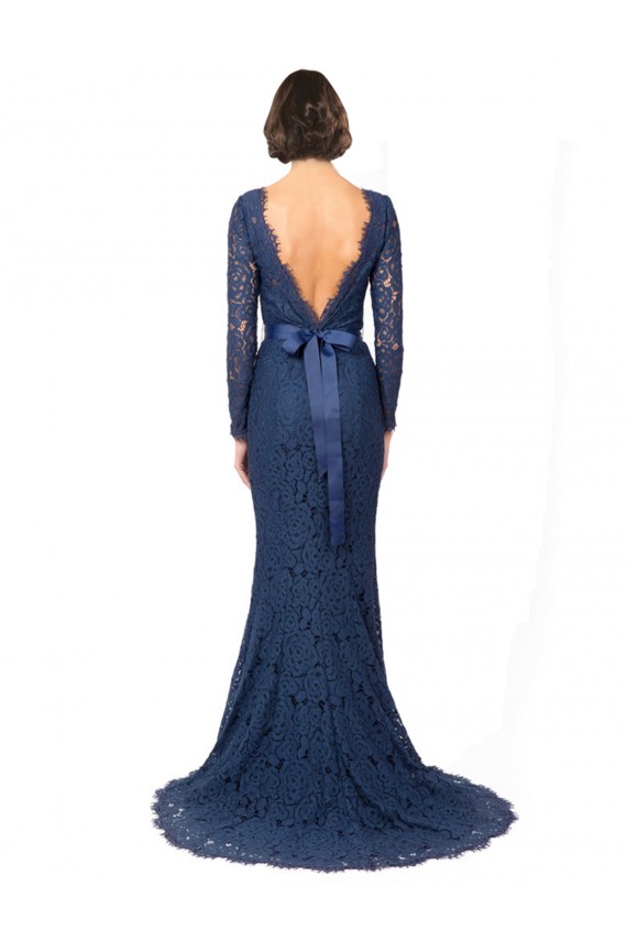 Bleu marine foncé Sirène Col bijou Balayage train Dentelle Longue Robes demoiselle d'honneur Pas Chère