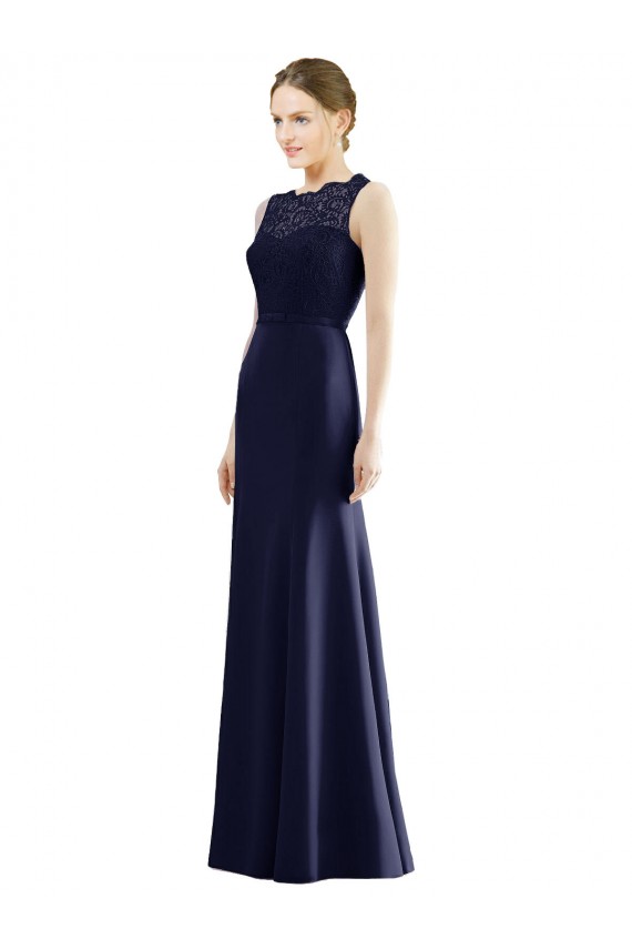 Bleu marine foncé Sirène Illusion Mousseline Dentelle Longue Robes demoiselle d'honneur Pas Chère