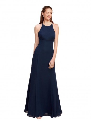 Bleu marine foncé Sirène Licou Col Haut Mousseline Longue Robes demoiselle d'honneur / Robes de bal Pas Chre
