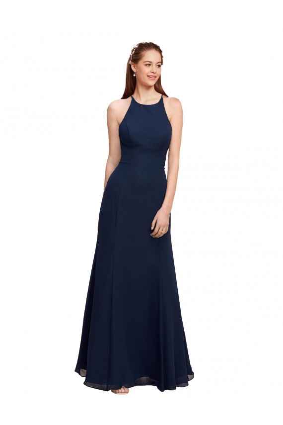 Bleu marine foncé Sirène Licou Col Haut Mousseline Longue Robes demoiselle d'honneur / Robes de bal Pas Chère