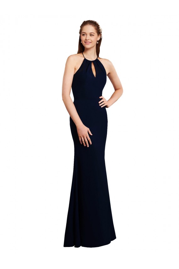 Bleu marine foncé Sirène Licou Mousseline Longue Robes demoiselle d'honneur Pas Chère