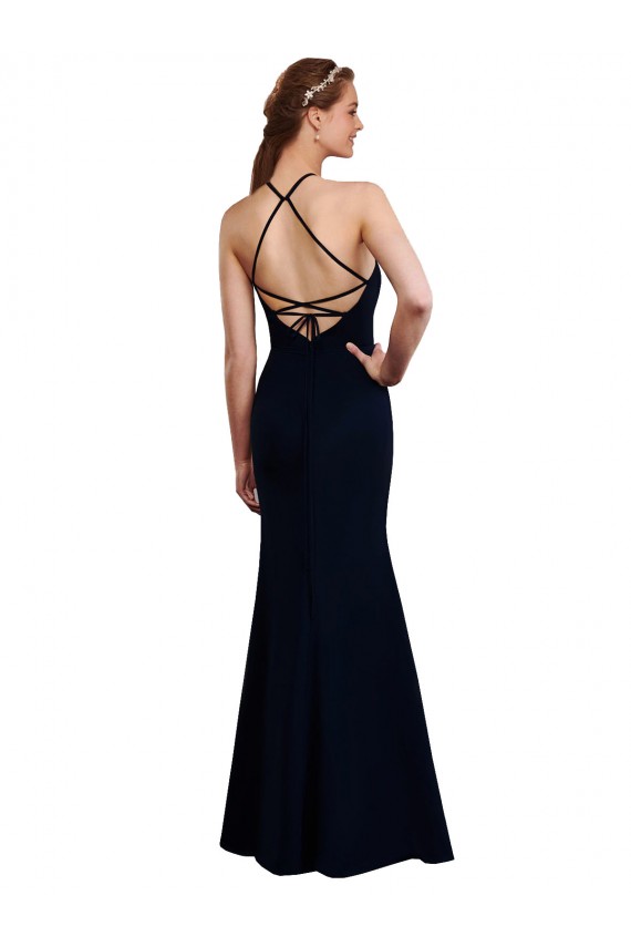 Bleu marine foncé Sirène Licou Mousseline Longue Robes demoiselle d'honneur Pas Chère