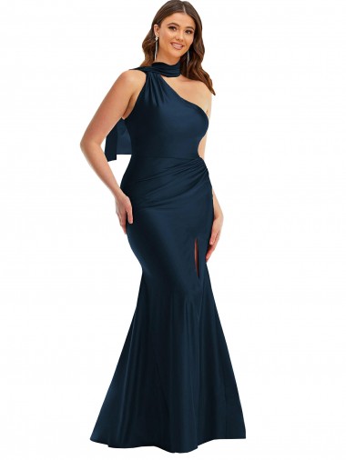 Bleu marine foncé Sirène Licou Satiné Soyeux Longue Formelles Robes demoiselle d'honneur / Robes de soirée / Robes de bal Pas Chre