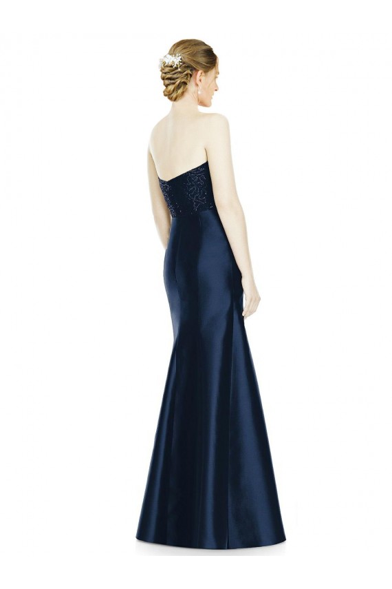 Bleu marine foncé Sirène Sans bretelle Satiné Longue Robes demoiselle d'honneur Pas Chère