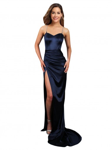 Bleu marine foncé Sirène Satiné Stretch Longue Formelles Robes demoiselle d'honneur / Robes de soirée / Robes de bal Pas Chre