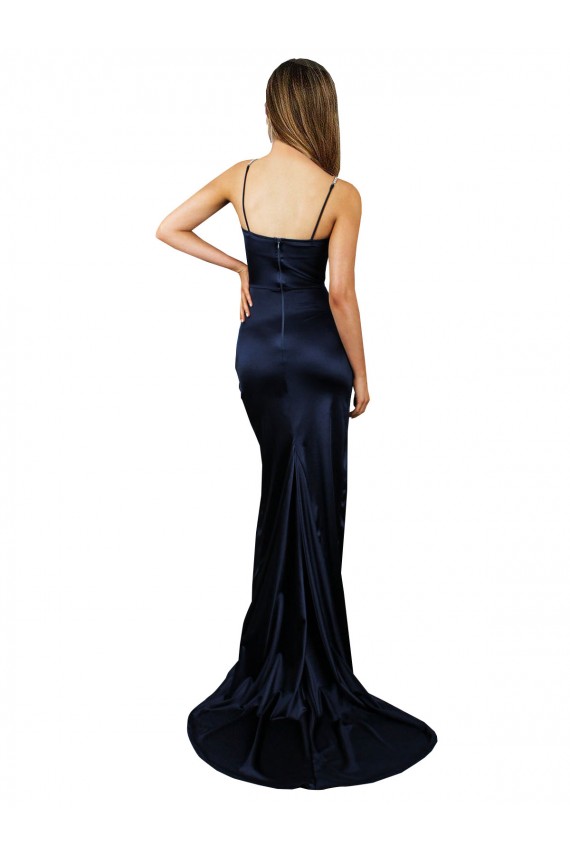 Bleu marine foncé Sirène Satiné Stretch Longue Formelles Robes demoiselle d'honneur / Robes de soirée / Robes de bal Pas Chère