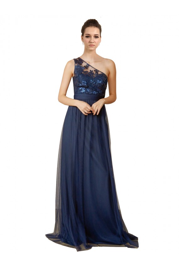 Bleu marine foncé Trapèze Balayage train Tulle Longue Robes demoiselle d'honneur Pas Chère