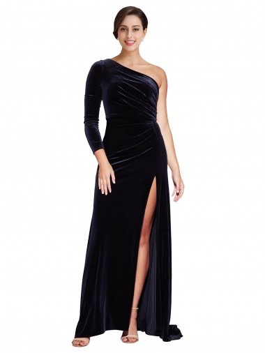 Bleu marine foncé Trapèze Balayage train Velours Stretch Longue Formelles Robes demoiselle d'honneur / Robes de soirée / Robes de bal Pas Chre